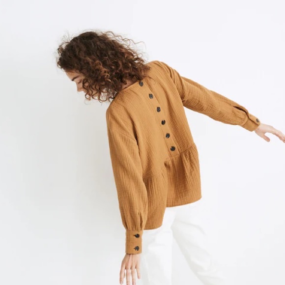 Madewell Lightspun Button-Back Peplum Top In Red Size Small Oversized Cotton - Picture 3 of 11